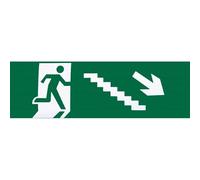Autocollant de signalisation de sortie de secours sur l'échelle à droite. Dimensions : 6,5 x 20 cm, épaisseur 0,01 cm. Idéal pour améliorer la sécurité et la visibilité lors des évacuations.