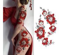 Autocollant de tatouage temporaire floral, fleurs rouges imperméables faux tatouages, autocollants d'art corporel durables pour les filles, bras réaliste la fête du Rouge