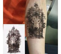 Autocollant De Tatouage Temporaire, Motif Loup Tribal, Arbre De Pin, Lune, Renard, Imperméable, Bras D'art Corporel, Forêt, Faux Tatouage Pour Hommes Et Femmes