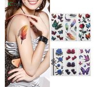 Autocollant De Tatouage Temporaire Pour Femmes, 1 Pièce, Motif Papillon Rose, Fleur, Plume, Art Corporel, Imperméable, Cadeau D'halloween