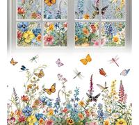 Autocollant Fenêtre Grand Format 50x30cm Fleurs Papillons Printemps Unique Pièce avec Raclette Décoration Electrostatique Amovible pour Vitre Salon Chambre Saison