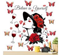 Autocollant Mral Rose Avec Citations - Autocollant Ural En Verre De Vin Rose Papillon, Art Adhésif Mral, Décoration En Vinyle Amovible Pour Les Locataires, Accent De Citation Inspirante Pour Salon,