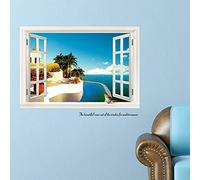 Autocollant mural 3D amovible en vinyle d'une fausse fenêtre avec une vue sur la mer