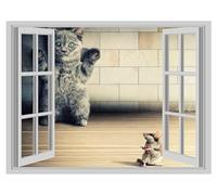 Autocollant mural 3D en forme de chat mignon contre souris disponible en 3 effets différents pour fenêtre, mur fissuré et poster autocollants décalcomanies Idéal pour le bureau, la maison, décoration
