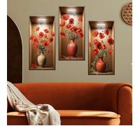 Autocollant mural 3D plantes vertes,3pcs Vases Fleur Autocollants muraux Décalcomanies pour salon Chambre Chambre Cuisine Decor