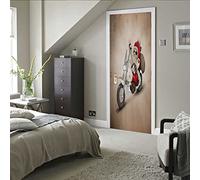 autocollant mural 77x200cm(30.31 inches * 78.74 inches) Père Noël moto Autocollants De Porte 3D Stickers Porte Poster Couloir 3D Papier Peint Porte Trompe L'Oeil Pour Salon Chambre Décoration