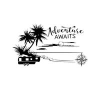 Autocollant mural Adventure Awaits Rv Camper, cinquième roue, pour camping-car, plage, décor de camping-car, océan, palmier, vinyle, art mural, extra large - 60 x 106 cm