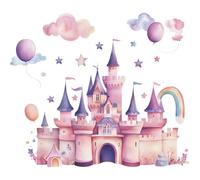 Autocollant mural amovible en PVC avec ballons arc-en-ciel et étoiles pour chambre d'enfant Motif château rose princesse
