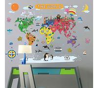 Autocollant mural amovible motif carte du monde avec animaux de dessins animés - Grand format éducatif - Pour chambre d'enfant, salon, salle de classe, crèche, maison (S 61 x 76,2 cm)
