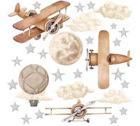 Autocollant Mural Boho Avion et Montgolfière en Aquarelle pour Chambre d'Enfant/Garçon