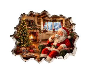 Autocollant Mural De Noël Avec Mur Brisé Du Père Noël, Autocollant De Vacan | Effet de mur cassé d'illusion d'optique réaliste, décor adhésif amovible en PVC pour salon, fenêtre et fêtes de vacances