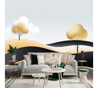 Autocollant mural de taille personnalisée, arbres dorés minimalistes sur des collines abstraites avec vagues noires et grises, pour décoration murale, décalcomanies murales peelandstick.