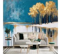 Autocollant mural de taille personnalisée, arbres dorés reflétant dans l'eau bleu sarcelle, paysage d'hiver, grand papier peint photo amovible pour salon, chambre à coucher