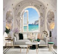 Autocollant mural de taille personnalisée, arche côtière avec vue sur l'océan, fleurs de lavande, intérieur en pierre blanche, pour décoration murale, décalcomanies murales peelandstick.