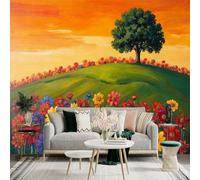 Autocollant mural de taille personnalisée, champ de fleurs coloré avec colline verte et arbre sous le ciel du coucher du soleil, pour décoration murale, décalcomanies murales peelandstick.