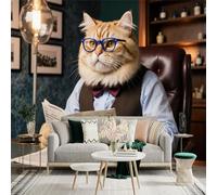 Autocollant mural de taille personnalisée, chat anthropomorphe lisant un journal avec lunettes, grand papier peint photo amovible pour salon, chambre à coucher