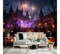 Autocollant mural de taille personnalisée, château de nuit d'Halloween, célébration festive avec feux d'artifice et citrouilles, figurines dansantes mystérieuses, pour décoration murale, décalcomanies
