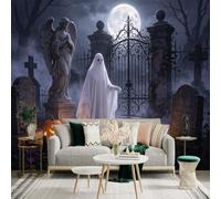 Autocollant mural de taille personnalisée, cimetière étrange avec fantôme, lanternes Jackolanternes lumineuses, statue d'ange en pierre, nuit de pleine lune, pour décoration murale, décalcomanies