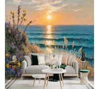 Autocollant mural de taille personnalisée, coucher de soleil avec fleurs sauvages et roseaux, pour décoration murale, décalcomanies murales peelandstick.