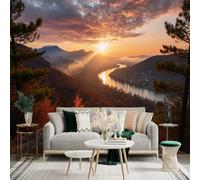 Autocollant mural de taille personnalisée, coucher de soleil sur la vallée de la rivière avec montagnes et forêt d'automne, pour décoration murale, décalcomanies murales peelandstick.