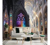 Autocollant mural de taille personnalisée, intérieur de cathédrale gothique avec vitrail coloré et rayons de soleil, pour décoration murale, décalcomanies murales peelandstick.