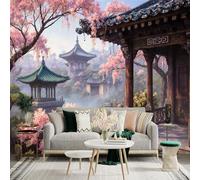 Autocollant mural de taille personnalisée, jardin asiatique antique avec fleurs de cerisier, pagode et montagnes brumeuses, pour décoration murale, décalcomanies murales peelandstick.