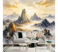 Autocollant mural de taille personnalisée, montagnes dorées majestueuses, sommets brumeux au-dessus des nuages, paysage naturel paisible, style art zen oriental, pour décoration murale, décalcomanies