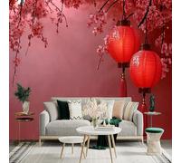 Autocollant mural de taille personnalisée, motif lanternes rouges avec motifs blancs, papier peint autocollant décoratif, grand papier peint photo pour salon, chambre à coucher et bureau