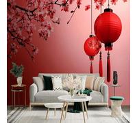 Autocollant mural de taille personnalisée, motif lanternes rouges et fleurs roses, papier peint autocollant décoratif, grand papier peint photo pour salon, chambre à coucher et bureau