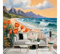 Autocollant mural de taille personnalisée, motif tulipes oranges, paysage de plage, océan, vagues, montagnes, ciel, grand papier peint photo amovible pour salon, chambre à coucher