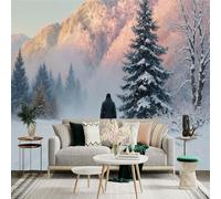 Autocollant mural de taille personnalisée, paysage de forêt d'hiver avec arbres enneigés et promeneur solitaire sur route brumeuse, pour décoration murale, décalcomanies murales peelandstick.