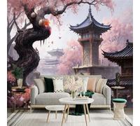 Autocollant mural de taille personnalisée, temple asiatique antique avec cascade de fleurs de cerisier et montagnes brumeuses, pour décoration murale, décalcomanies murales peelandstick.