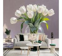 Autocollant mural de taille personnalisée, tulipes blanches dans un vase en verre avec lumière du soleil et ombres, grand papier peint photo amovible pour salon, chambre à coucher
