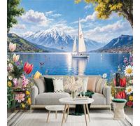 Autocollant mural de taille personnalisée, voilier sur le lac avec montagnes enneigées et fleurs, grand papier peint photo amovible pour salon, chambre à coucher