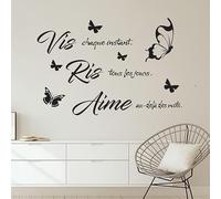 Autocollant mural en vinyle avec citation française Vis, RIS, Aime Papillons Décoration pour le salon 62 x 42 cm