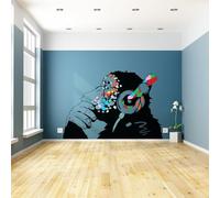 Autocollant mural en vinyle Banksy Singe avec écouteurs - Grand autocollant en vinyle Bansky Thinking Dj Chimpanzé 61 x 40,6 cm / côté droit