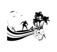 Autocollant mural en vinyle d'été Vague de surf Palmier Plage Style Surfer Island Sticker mural Fond de salon-XL-121x124cm-Black