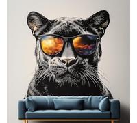 Autocollant mural Panthère noire | Papier peint cool gros chat avec lunettes de soleil | Autocollant en vinyle de la jungle urbaine | Décoration moderne pour salon et bureau | Décollez et collez