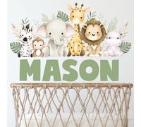 Autocollant mural personnalisé animal de la jungle avec nom - Aquarelle éléphant de safari, lion autocollants pour chambre de bébé, chambre à coucher ou salle de jeux
