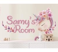 Autocollant mural personnalisé avec nom de licorne pour chambre de fille, décalcomanies murales personnalisées pour chambre de bébé fille (visage + style vintage)