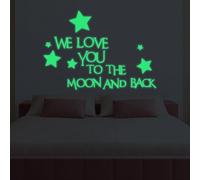Autocollant mural phosphorescent We Love You And Back Star pour une utilisation sur des surfaces planes pour fournir une douce lueur nocturne