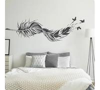 Autocollant Mural Plume Courbée avec Oiseau Volant Liberté Autocollant Mural Chambre Salon,Noir,120cmwidex38cmhigh