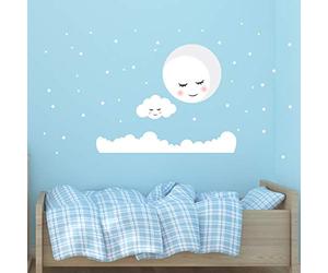 Autocollant Mural pour Enfant avec Motif LUNE et NUAGE Bienveillant - Sticker Mural Ciel de nuit + 80 étoiles - Sticker Mural Enfant décoratif pour Chambre - 30 x 40 CM