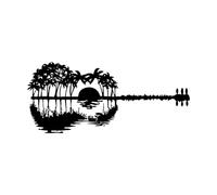 Autocollant mural pour guitare, palmier, île, arbres, coucher de soleil, chambre de bébé, chambre d'enfant, reflet sur l'eau, lever de soleil, nature, paysage-S-25x56cm-Black