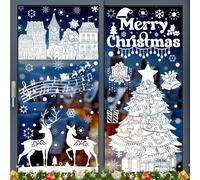 Autocollant Noel Fenetre - Grand Stickers Noel Fenetre Blanc,Lumineux Stickers Noël Vitre avec Paillettes,Electrostatique Stickers Fenêtre Noël Reutilisable,Decoration Vitrine Noel pour Magasin