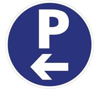 Autocollant Panneau de Sécurité Rigide et Rond - Sticker Adhésif Signalétique Laminé Plastifié Résistant à l'eau et aux UV - Parking - Flèche à Gauche - Diamètre 24cm