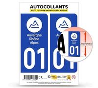 Autocollant Plaque Immatriculation 2 Stickers département 01 Ain - Auvergne-Rhône-Alpes en Version : Fond Bleu - 11 x 4,6 cm Grande Hauteur
