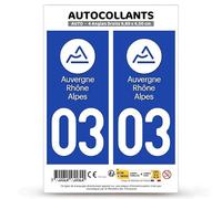 Autocollant Plaque Immatriculation 2 Stickers département 03 Allier - Auvergne-Rhône-Alpes en Version : Fond Bleu - 9,8 x 4,5 cm Angles Droits