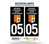 Autocollant Plaque Immatriculation 2 Stickers département 05 Hautes-Alpes - Région Sud en Version Fond Noir : 9,8 x 4,5 cm (Angles Droits)