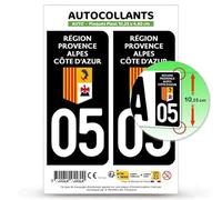 Autocollant Plaque Immatriculation 2 Stickers département 05 Hautes-Alpes - Région Sud en Version Fond Noir : 10,25 x 4,6 cm (Plaque Plexi)